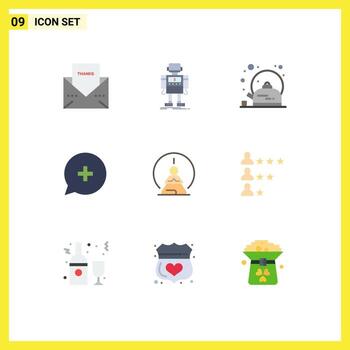 Pack of 9 creative Flat Colors of plus chat robotic add tea Editable Vector Design Elements