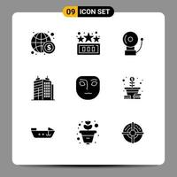 Pack of 9 creative Solid Glyphs of growth face alarm emotion estate Editable Vector Design Elements