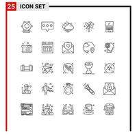 Group of 25 Modern Lines Set for bakery laptop weather device computer Editable Vector Design Elements