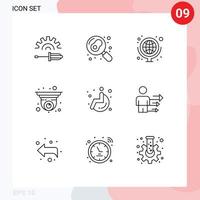 Stock Vector Icon Pack of 9 Line Signs and Symbols for wheel security camera geography security camera Editable Vector Design Elements