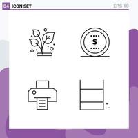 Line Pack of 4 Universal Symbols of grow printing plant dollar game Editable Vector Design Elements