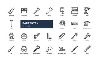 carpentry wood working build renovation industrial detailed outline icon, with clamp, saw, wrench, more. simple vector illustration