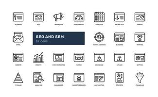 seo and sem internet blogging marketing advertising detailed outline icon set. simple vector illustration