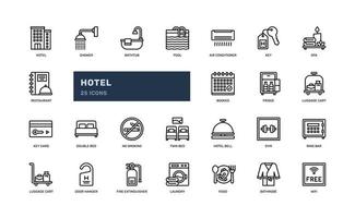 hotel travel vacation sleep detailed outline with bed, shower, restaurant, key, door knob. simple vector illustration