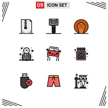 conjunto moderno de 9 colores planos de línea rellena pictografía de herramientas de reloj de programación juego de libros elementos de diseño vectorial editables vector