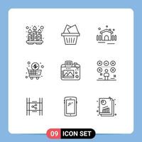 Mobile Interface Outline Set of 9 Pictograms of hobbies camera garden shopping cart Editable Vector Design Elements