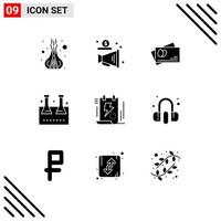 Mobile Interface Solid Glyph Set of 9 Pictograms of energy test tube passport lab glassware erlenmeyer flask Editable Vector Design Elements