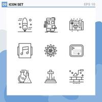 Modern Set of 9 Outlines Pictograph of gear showcase ui music card Editable Vector Design Elements