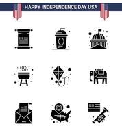 Set of 9 USA Day Icons American Symbols Independence Day Signs for kite bbq independece barbecue usa Editable USA Day Vector Design Elements