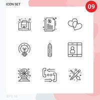 Group of 9 Modern Outlines Set for mobile pencil love education solution Editable Vector Design Elements