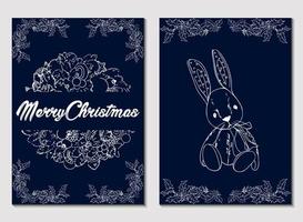 Holiday cards with winter foliage. Versatile Christmas templates with girl, bunny, floral background and frame with copy space and greetings. vector