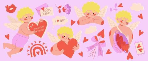 Set of winged cupids, clouds, flowers, kiss, love letter, arrow, rainbow for Saint Valentines day. February 14 . Romantic amur holding heart, little angels. Cartoon character illustration. vector