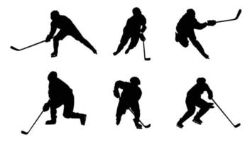 Vector graphics of black silhouettes of hockey players and goalkeeper on a white background