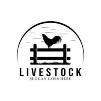 Chicken farm logo vector illustration design, rooster on fence vintage logo design