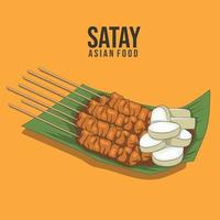 comida asiática. satay en hoja de plátano. satay de carne tradicional indonesia vector