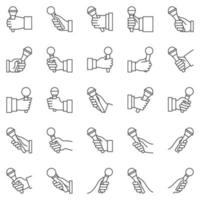 Microphone in hand outline icons set. Interview vector signs