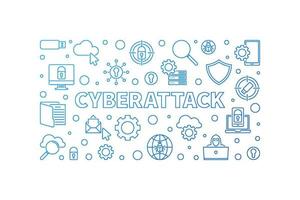 Cyberattack vector blue outline horizontal illustration