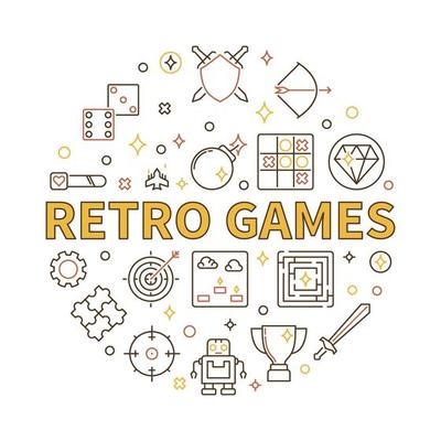 Retro Games vector round illustration in outline style