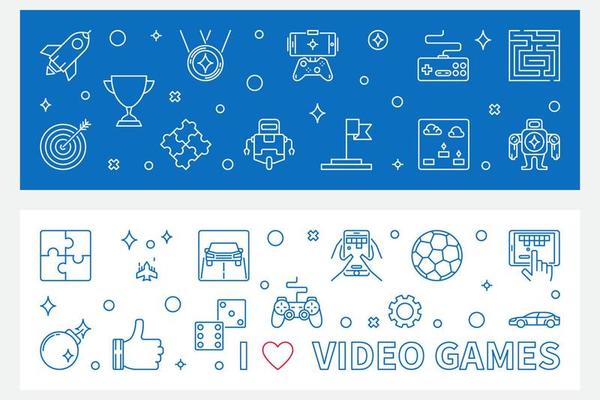 I Love Video Games outline banners. Vector Game illustration