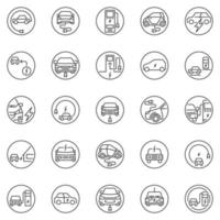 conjunto de vectores de iconos de concepto redondo de contorno de coche eléctrico o ev