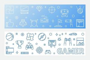 Gamer concept outline horizontal banners. Vector illustration