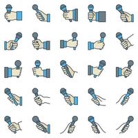 Microphone in hand outline colorful vector icons set