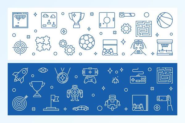 Games horizontal banners. Vector illustration in outline style