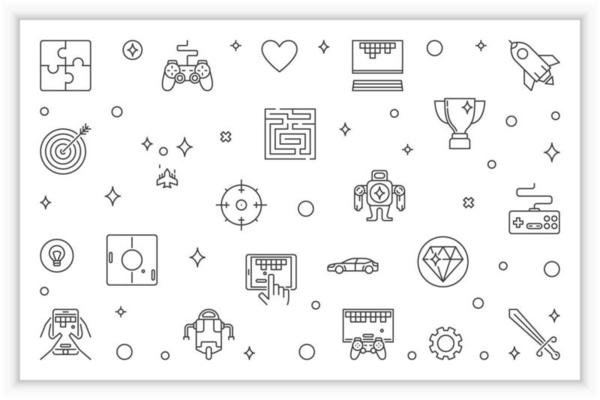 Video Games line horizontal illustration. Vector Gaming banner