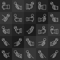 Hand holding a microphone vector icons set in thin line style
