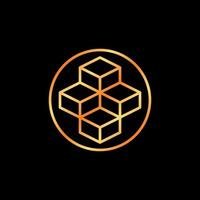 Blockchain vector thin line concept golden icon - Circle with 4 Blocks creative round symbol