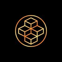 Blockchain vector thin line concept golden icon - Circle with 4 Blocks creative round symbol