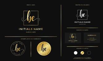 golden Initial BE letter B E handwriting logo design line square vector