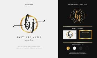 Circle gold brush letter BJ B J Initial logo design with handwriting style vector