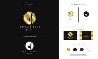 Circle Golden letter NF N F Initial logo design with handwriting style template vector