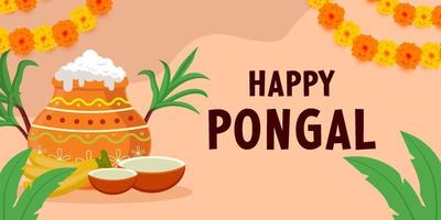 ilustración de banner horizontal feliz pongal de diseño plano vector