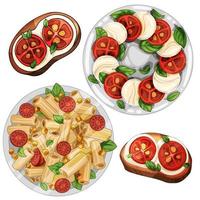 Caprese salad with mozzarella and tomatoes. A large dish with pasta and toast with mozzarella vector