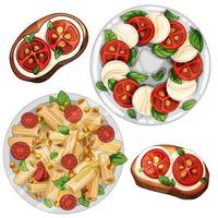 ensalada caprese con mozzarella y tomates. un plato grande con pasta y tostadas con mozzarella vector