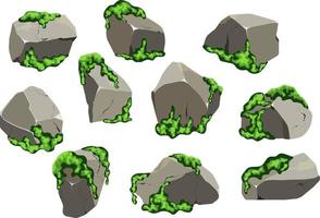 colección de piedras de diversas formas y musgo. guijarros costeros, adoquines, grava, minerales y formaciones geológicas. fragmentos de roca, cantos rodados y material de construcción. vector