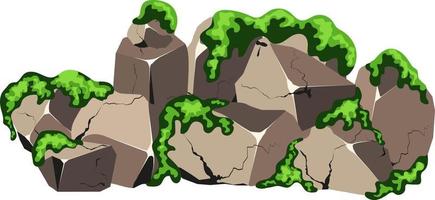 colección de piedras de diversas formas y musgo. guijarros costeros, adoquines, grava, minerales y formaciones geológicas. fragmentos de roca, cantos rodados y material de construcción. vector