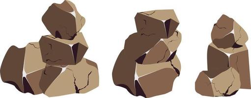 colección de piedras de diversas formas y musgo. guijarros costeros, adoquines, grava, minerales y formaciones geológicas. fragmentos de roca, cantos rodados y material de construcción. vector
