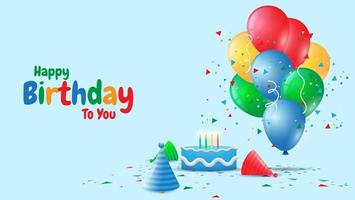 colorido fondo de feliz cumpleaños con globos 3d, sombrero de cumpleaños, pastel de cumpleaños y confeti. adecuado para tarjetas de felicitación, pancartas, carteles, invitaciones, publicaciones en redes sociales, etc. ilustración vectorial vector