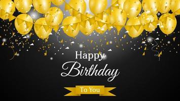 happy birthday background with golden balloons and confetti on black background. suitable for greeting card, banner, etc. vector illustration