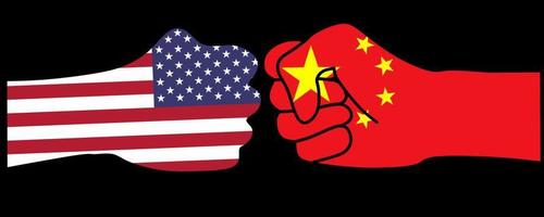 conflicto usa china ilustración aislada sobre fondo negro.las manos chocan con banderas de usa y china vector