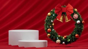 Christmas showcase wreath animation isolated on red background. 3D Render video