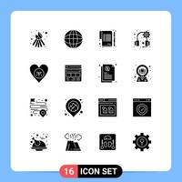 Set of 16 Commercial Solid Glyphs pack for heart environment paper ecology headphones Editable Vector Design Elements