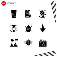 Pack of 9 creative Solid Glyphs of water eco sports accessories leaf printer Editable Vector Design Elements