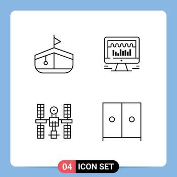 Set of 4 Modern UI Icons Symbols Signs for boat platform computer graph space Editable Vector Design Elements