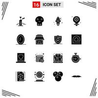 Group of 16 Solid Glyphs Signs and Symbols for mirror gear dessert setting bulb Editable Vector Design Elements