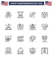 16 USA Line Signs Independence Day Celebration Symbols of camping scale celebration law court Editable USA Day Vector Design Elements