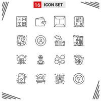 Pack of 16 Modern Outlines Signs and Symbols for Web Print Media such as mobile speaker wallet party audio Editable Vector Design Elements